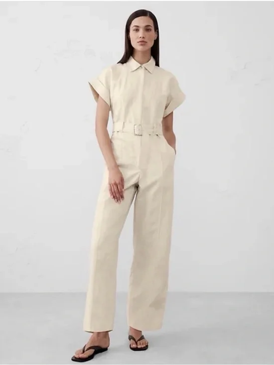 Banana Republic Linen Blend Belted Wide Leg Jumpsuit Ivory 2X