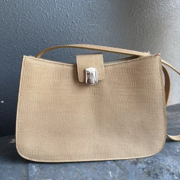Lauren Ralph Lauren Snakeskin Shoulder Bag Tan Brown Leather Silver Hardware Vtg