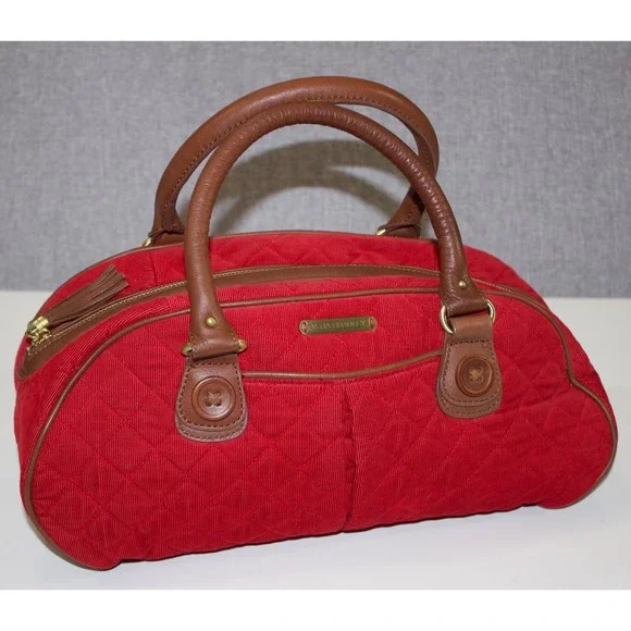Vera Bradley Satchel Canyon Collection Women Red Quilted Corduroy Leather Trim