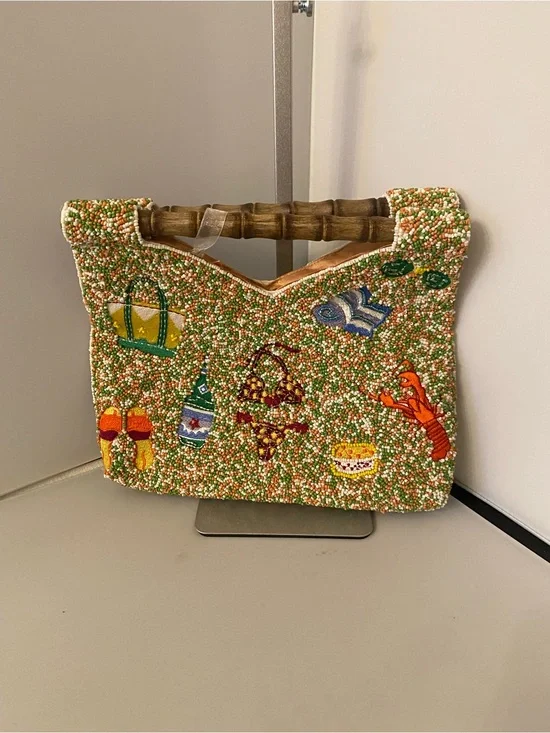 NWT Beaded Island-Vacation Summer Themed Satchel with Bamboo Handle -