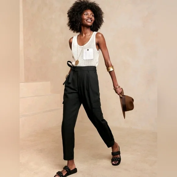 Banana Republic Lyocell Linen Blend Belted Cargo Pants 00 PETITE Black RT$110
