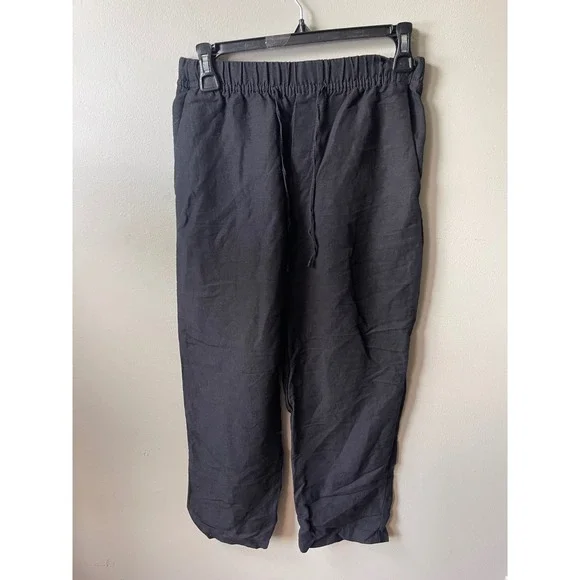 HM Linen Blend Drawstring Pants Black Elastic Waist Relaxed Straight Leg XS