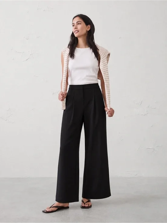 BANANA REPUBLIC BLACK WIDE-LEG HIGH-RISE PLEATED PULL-ON PANT