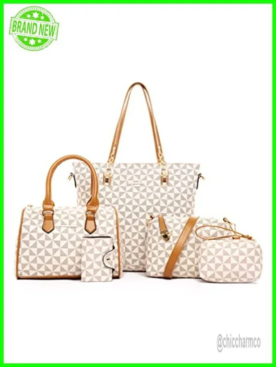 6pc Faux Leather Handbag Set Satchel Tote Shoulder Bag Clutch Purse