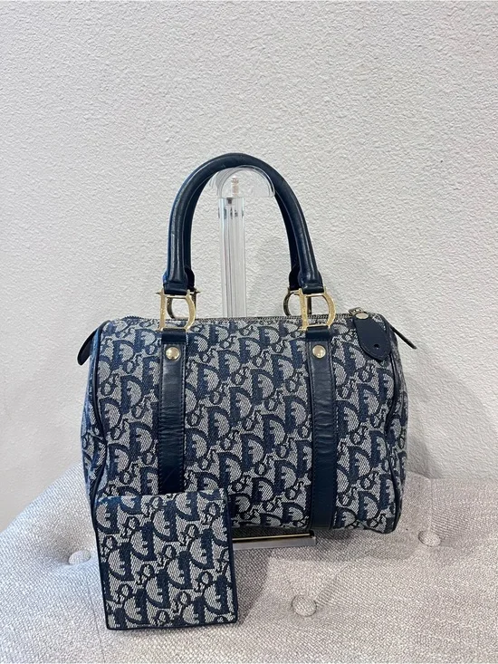 CHRISTIAN DIOR VINTAGE NAVY BLUE TROTTER CANVAS & MATCHING WALLET