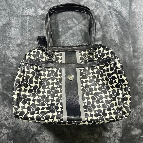 Coach‎ Chelsea Heritage Satchel White Black PVC Leather Silver Handbag