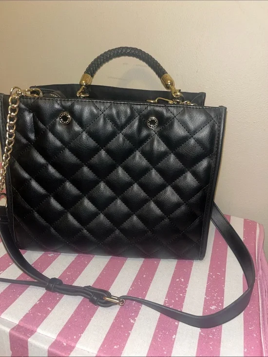 Steve Madden Black Quilted Top-Handle Women’s Bag with Gold Hardware