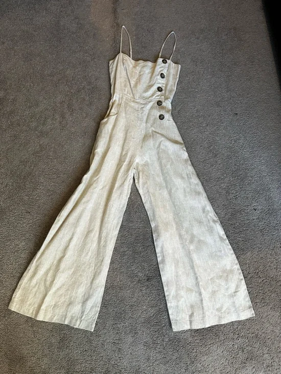 Reformation Natural Linen-Blend Wide Leg Jumpsuit with Side Buttons