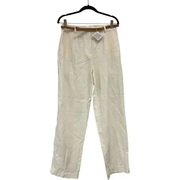 Zara Womens Pants S Small Linen Ivory Straight Leg Belted Trousers 8343/939 NWT