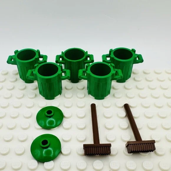 LEGO -5x Green Trash Bin & 2x Brown Broom Minifigure Utensil Garbage Can 2x Lid‎