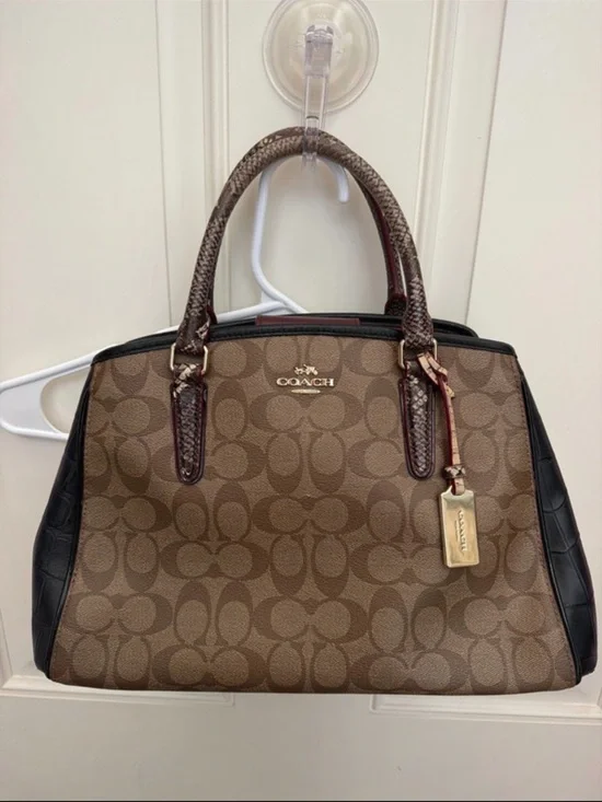 Coach Brown Signature Canvas Satchel with Black Accents
