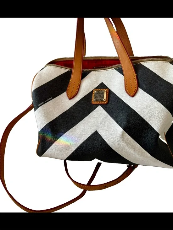 Dooney & Bourke Black & White Chevron Canvas Leather Zip Tote Hand Shoulder Bag