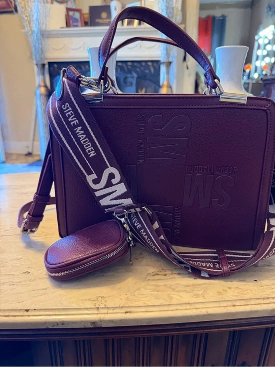 Steve Madden Plum Box Satchel with Logo Strap