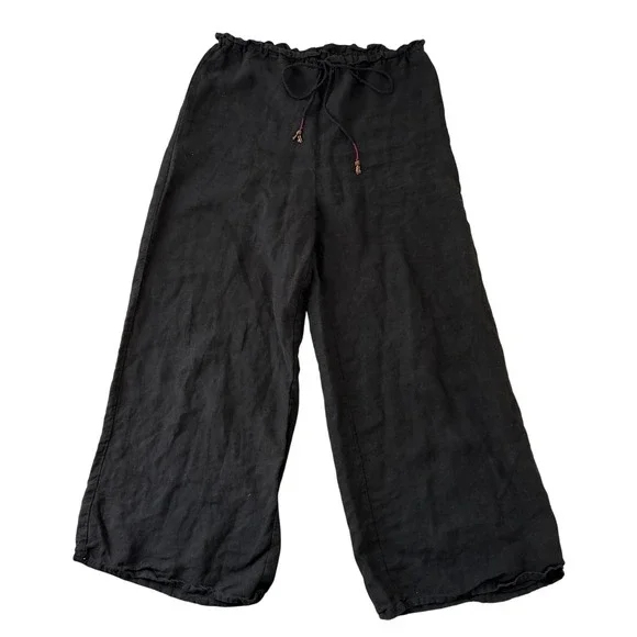 Zara 100% Linen Culotte Pants L Black Paperbag Waist Beaded Tie Boho Resort