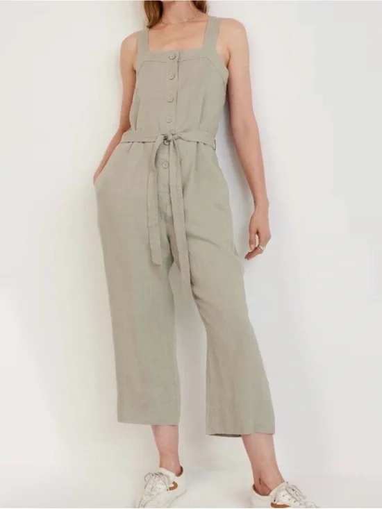 Everlane The Linen Picnic Jumpsuit Seagrass Sage Green Tie Waist Casual Size 2