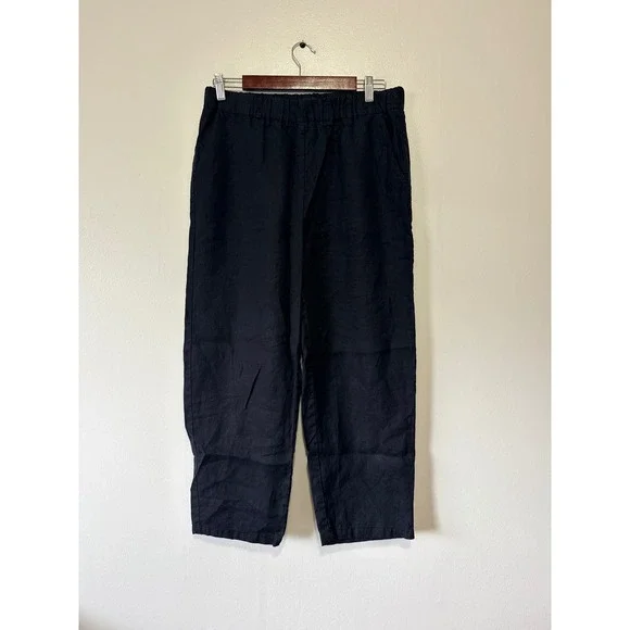 Quince European Linen Straight Leg Pants Navy Blue Elastic Waist Women Size M