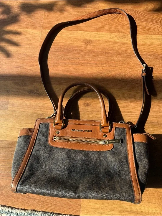 Michael Kors Brown and Tan Signature Satchel with Gold Hardware