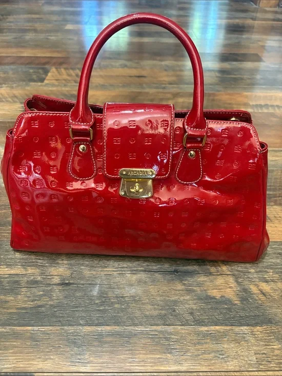 ARCADIA Italy Red Patent Leather Handbag Purse Tote Shoulder Bag‎ Embossed