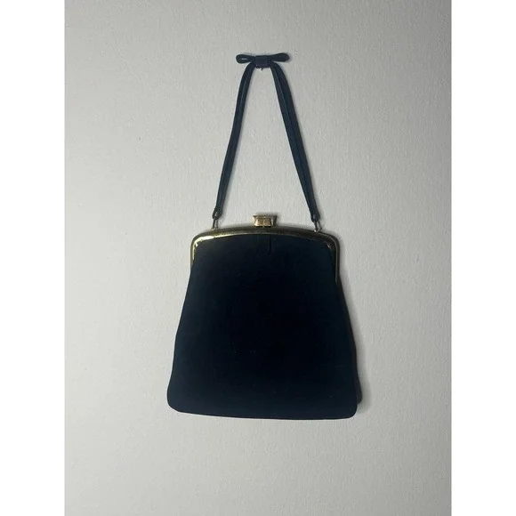 Vintage Mayer New York Handbag Purse Navy Suede Gold‎ Trim Bow Handle