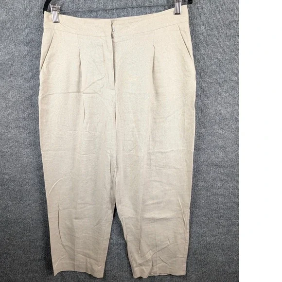Zara Womens Ivory Linen Blend Pleated Tapered Pants Size M beige work office