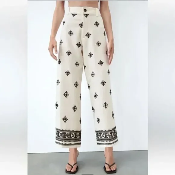 Zara Cream Embroidered Wide Leg Pants XS Boho Linen Blend