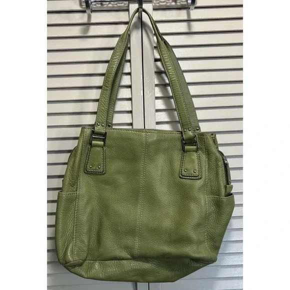 Fossil Pebble Satchel Green Leather Top Zip Double Strap‎ Sev Pockets