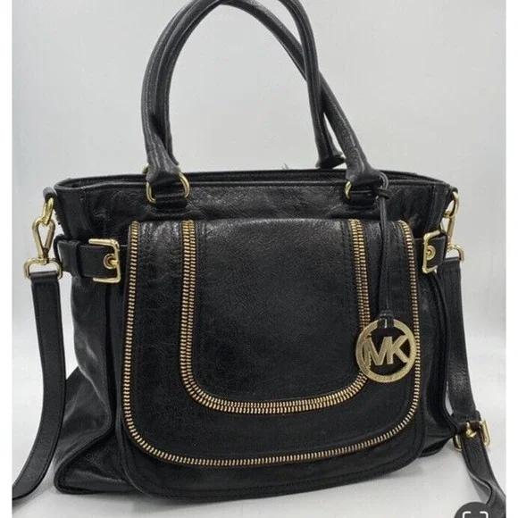 MICHAEL KORS Naomi Large Satchel Black Luxury Leather Zippers Handbag Purse‎ Bag