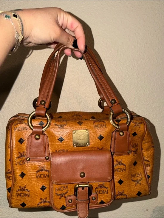 MCM Vintage Visetos Boston Bag Cognac Monogram Satchel Handbag