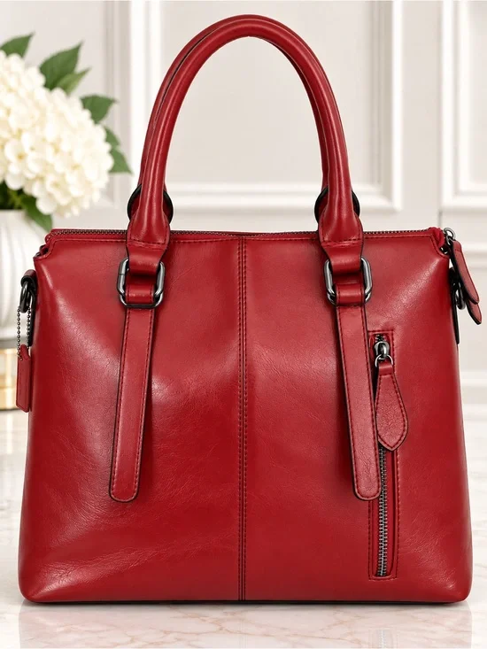 HESHE Red Genuine Leather Satchel Tote