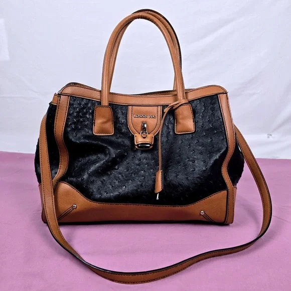London Fog Black Ostrich Embossed Cognac Brown Satchel Handbag w/ Shoulder Strap