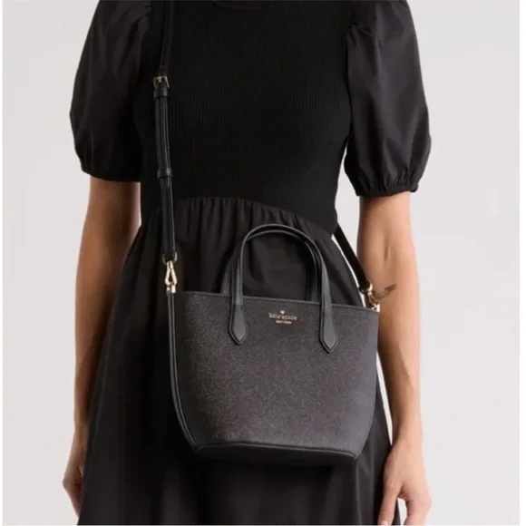 Kate Spade NWT Black Leather Shimmer Removable Crossbody Strap Satchel Tote Bag