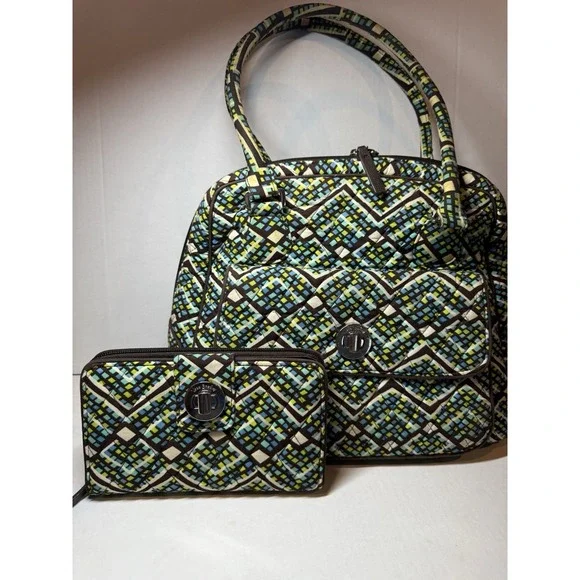 Vera Bradley Rain Forest Turnlock Satchel + RFID Turnlock Wallet Retired Pattern
