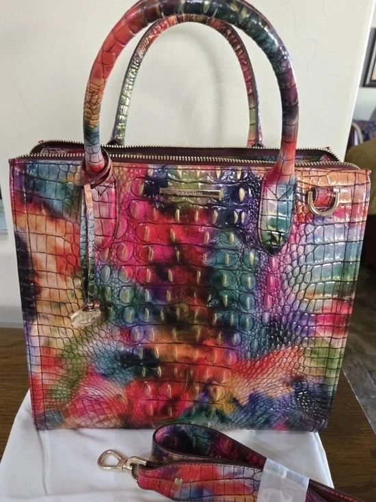 Brahmin Rainbow Croc-Embossed Satchel in Multicolor Fallstruck pattern.