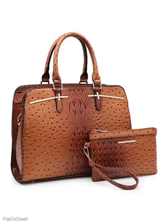 Faux Leather Satchel Handbag Set 2pcs with 3 Compartments