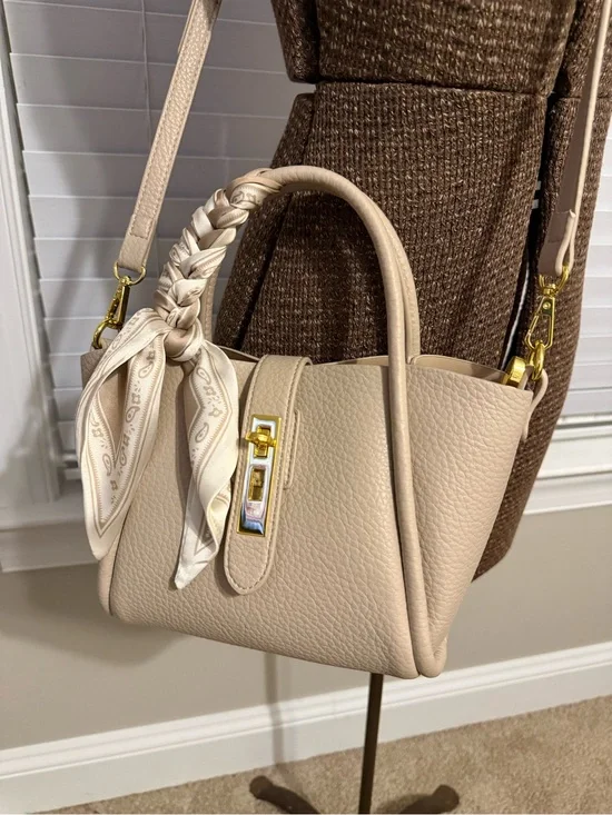 Cream Pebbled Leather Top-Handle Satchel with Scarf Accent