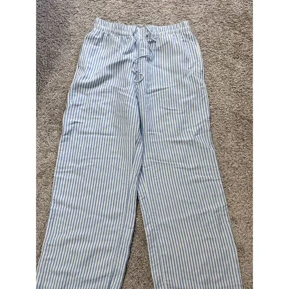 H&M Blue White Striped Linen Blend Drawstring Pants Small