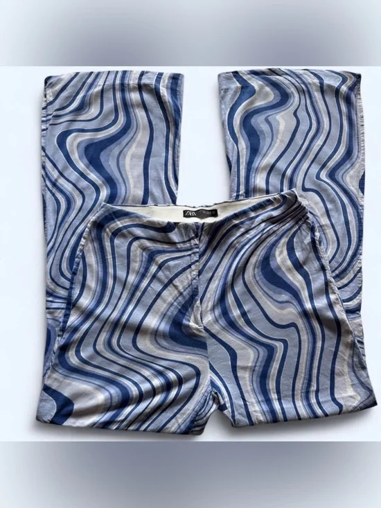 Zara Blue White Swirl Linen Blend Split Hem Flare Pants Retro 70s Psychedelic L