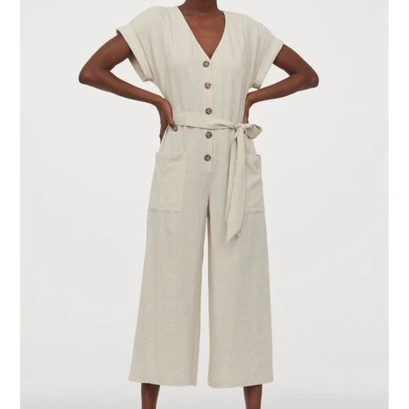 NWT H&M Linen Jumpsuit Sz XL Preppy Resortwear Vacation Cottagecore Momcore