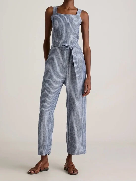 Quince Blue & White Striped Linen-Blend Sleeveless Jumpsuit with Tie Waist