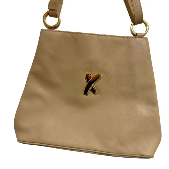 Vintage Paloma Picasso Leather Shoulder Bag Beige Gold‎ Logo Italy Repair