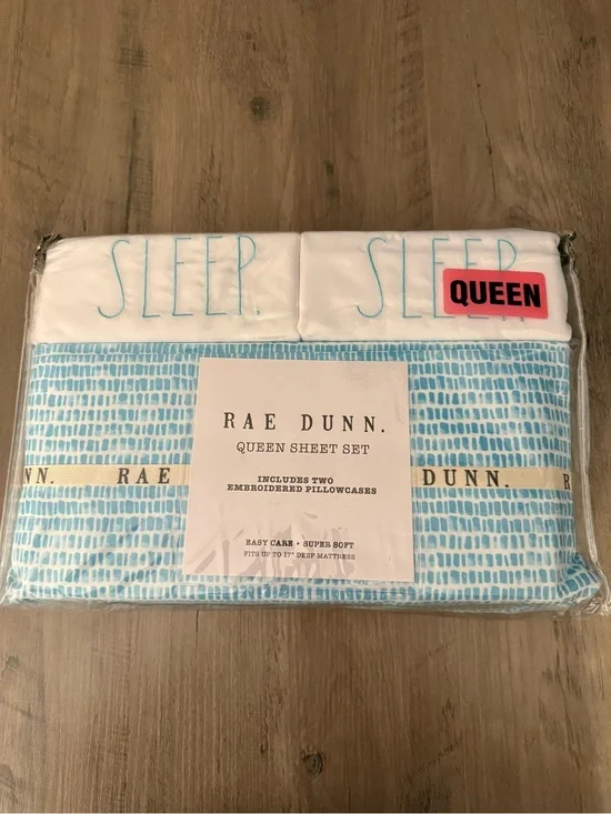 Rae Dunn Blue & White Queen Sheet Set with Embroidered 'SLEEP' Pillowcases