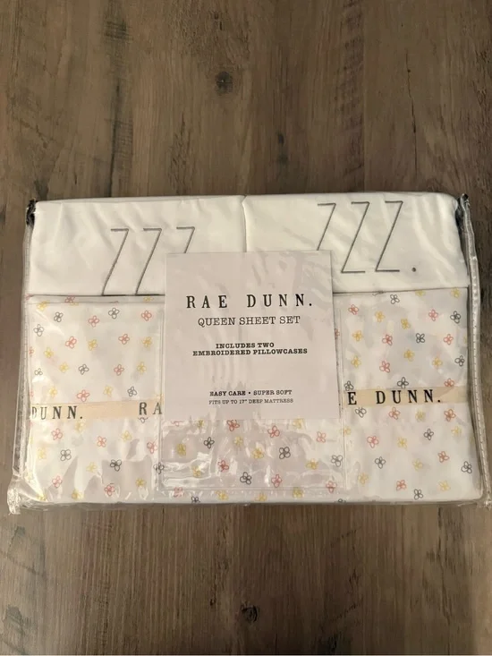 Rae Dunn White Queen Sheet Set with Tiny Multicolor Floral Motif