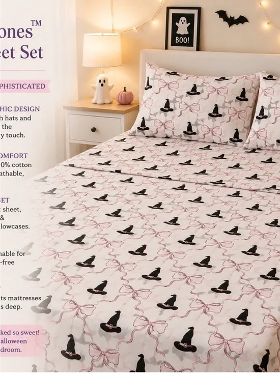 Whimsical Witch Hat Cotton Sheet Set - Pink & Black