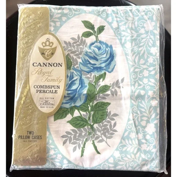 Vtg Set of 2 Cannon Standard Pillowcases Blue Embassy Rose Cotton Royal Family