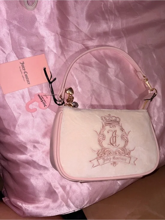 Juicy Couture Cream & Pink Velour Crest Shoulder Bag — WITH TAGS
