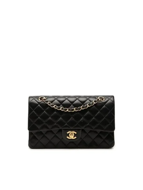 Chanel CC Logo Double Flap Quilted 25 Chain Shoulder Bag Black Lambskin