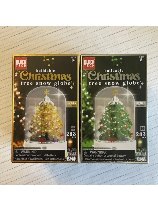 GOLD & GREEN CHRISTMAS TREE SNOW GLOBE BlockTech LED Lighted Brick Set RMS