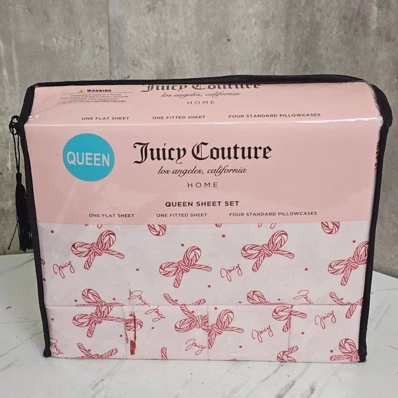 Juicy Couture Queen Sheet Set 6pc Pink Red Candy Cane Bow Polka Dot Print New