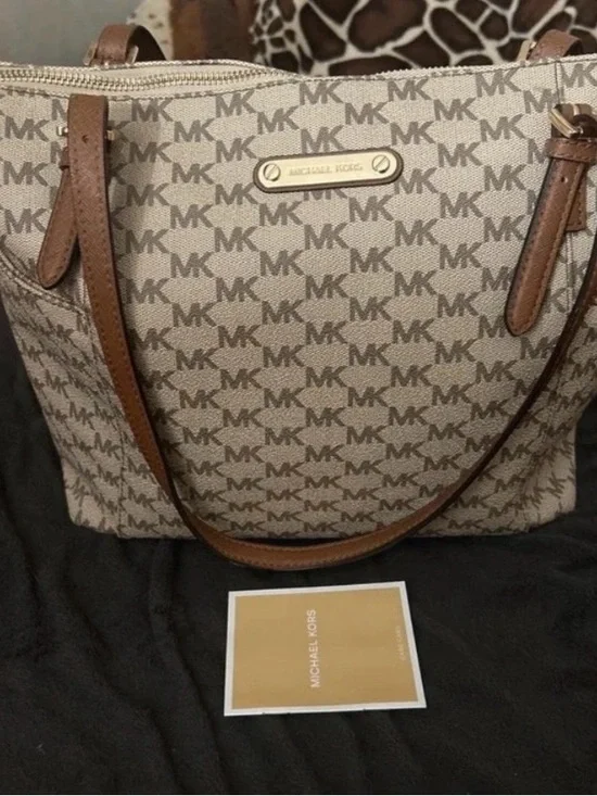 Michael Kors Beige MK Monogram Shoulder Bag with Brown Trim