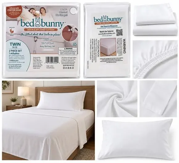 Bed Bunny Double Brushed Edition Twin Flat Sheet & Pillowcase Set – White